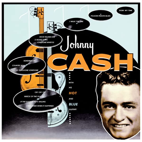 Johnny Cash album cover featuring guitars and a portrait of the artist.