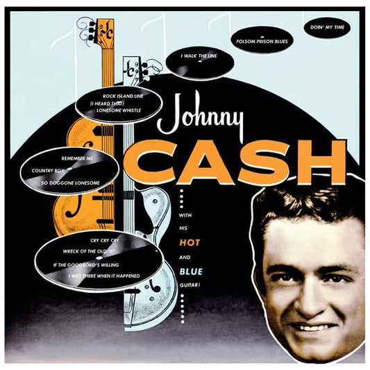 Johnny Cash album cover featuring guitars and a portrait of the artist.