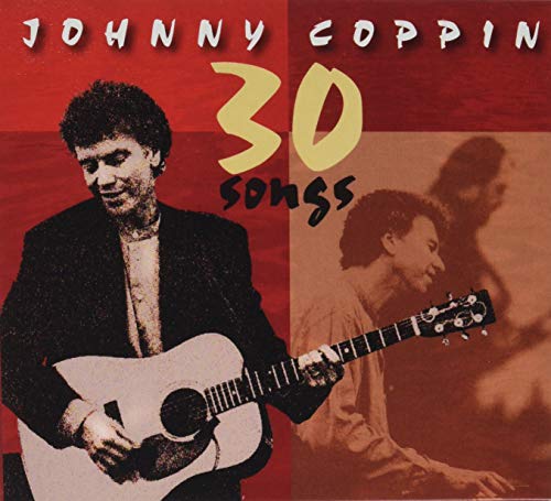 "Album cover featuring Johnny Coppin holding a guitar, with red background and faded image."