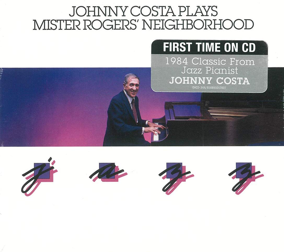 "CD cover with man playing piano, titled 'Johnny Costa Plays Mister Rogers' Neighborhood'."