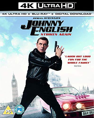 Movie cover of Johnny English Strikes Again featuring Rowan Atkinson with a gun.