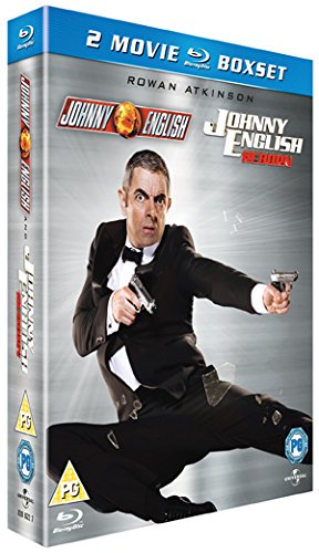 Rowan Atkinson in a suit holding two handguns on a Johnny English Blu-ray boxset.