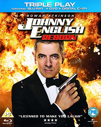 Rowan Atkinson in a tuxedo holding a smoking gun against a fiery background.