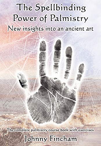 Book cover with a handprint and title: "The Spellbinding Power of Palmistry.