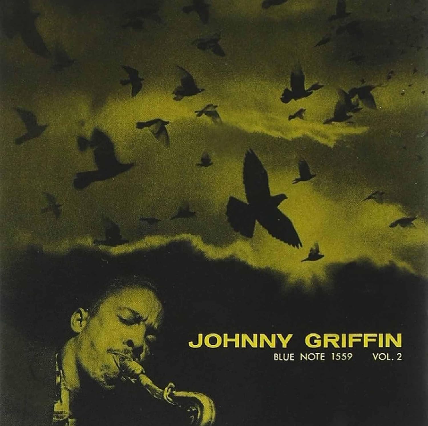 Album cover: Johnny Griffin playing saxophone with a flock of birds.