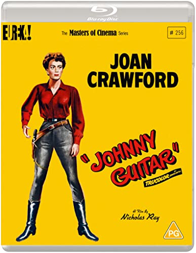 Johnny Guitar" Blu-ray cover featuring Joan Crawford in a red shirt and jeans.