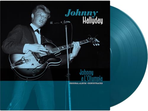 Johnny Hallyday album cover and blue vinyl record shown.