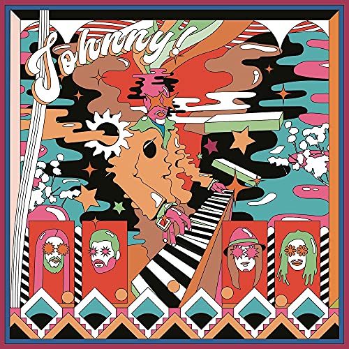 Psychedelic album cover with illustrated faces and a piano keyboard.
