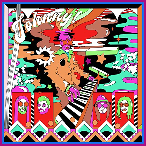 Psychedelic album cover art featuring a central figure playing piano with four portraits below.