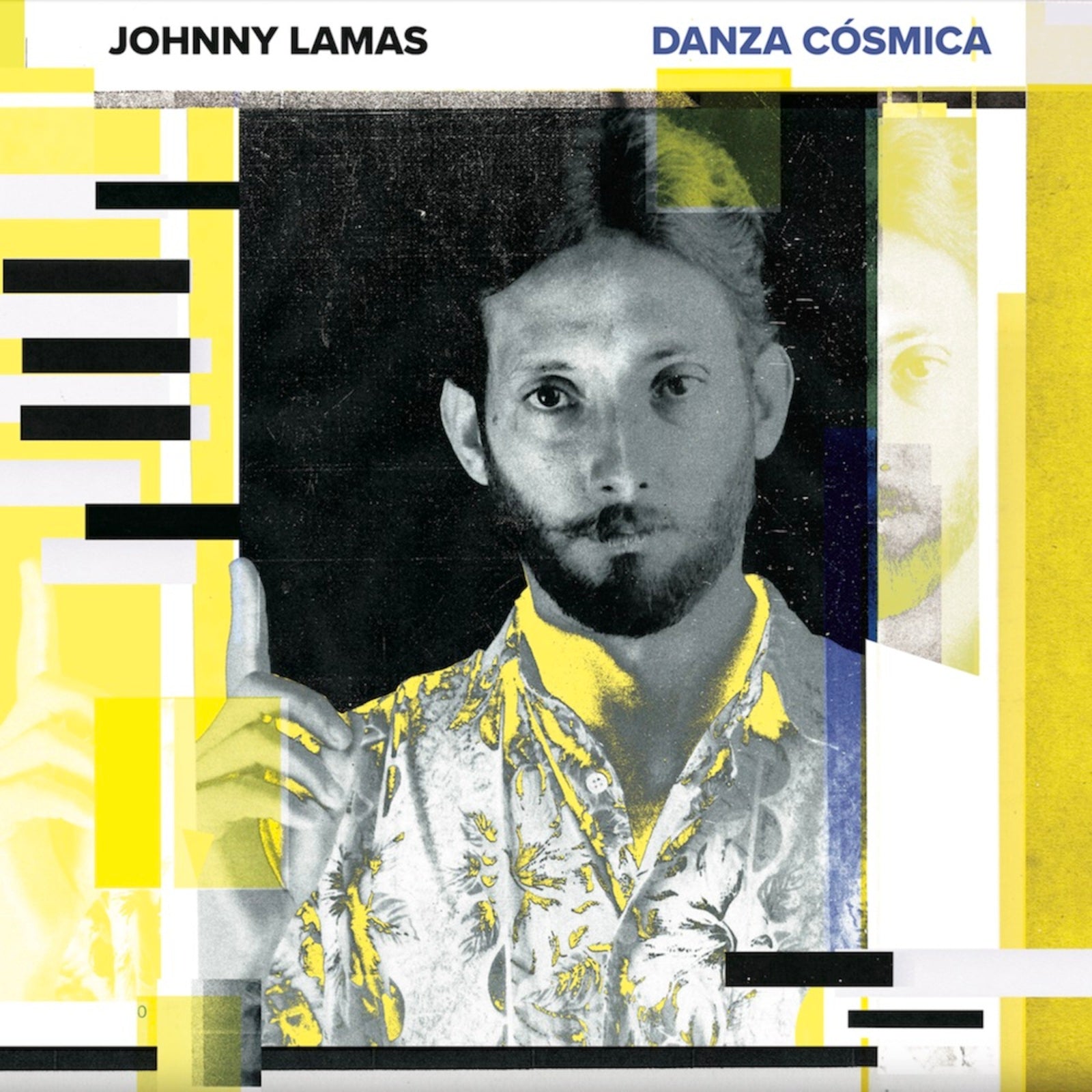 Album cover for Johnny Lamas’ “Danza Cosmica” featuring a portrait and geometric shapes.