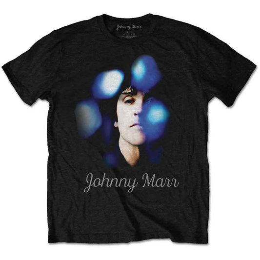 Black t-shirt with a blue and white portrait of Johnny Marr.