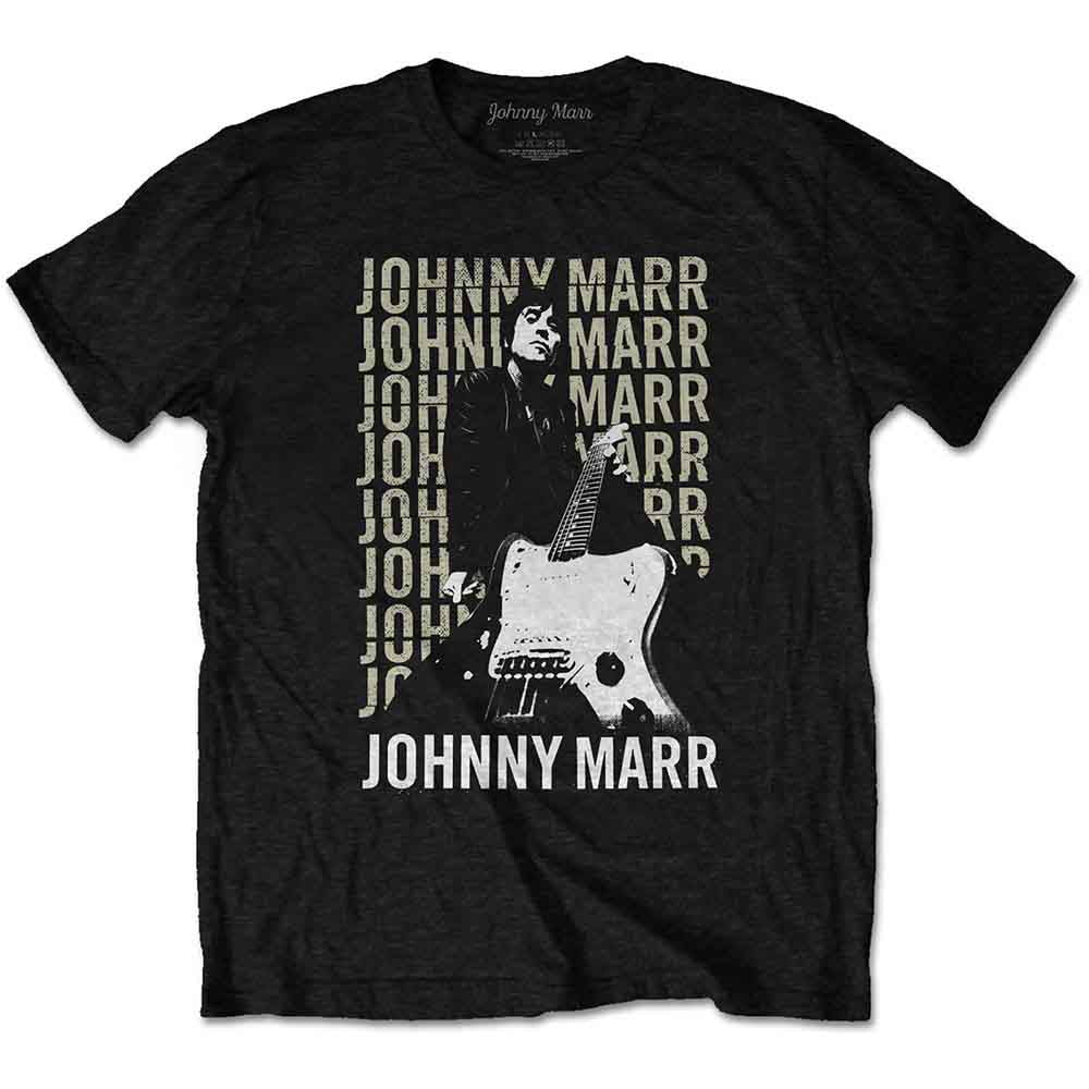 Black t-shirt with a graphic of Johnny Marr playing guitar and text.