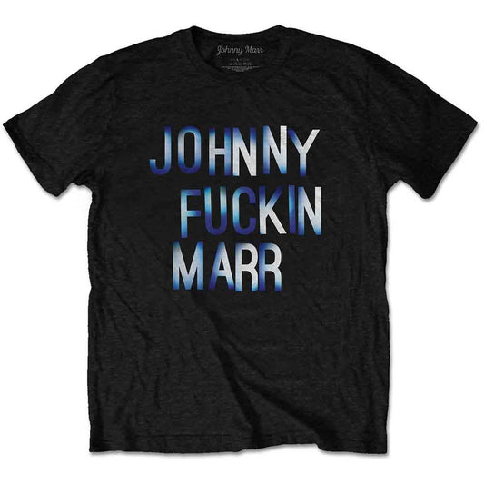 A man wearing a black t-shirt with Johnny Fuckin Marr printed in blue and white.