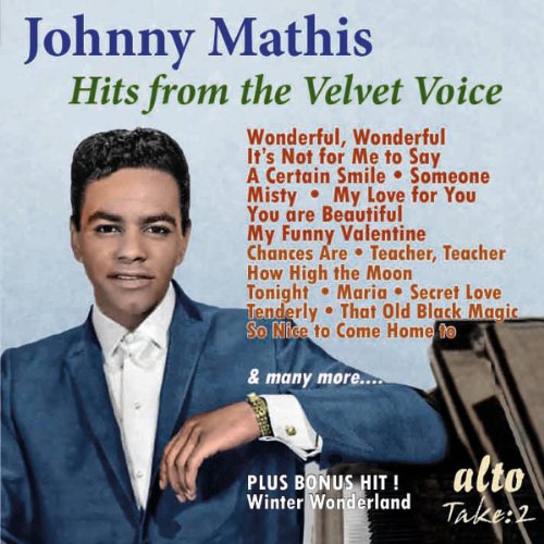 Johnny Mathis album cover, "Hits From The Velvet Voice," featuring his portrait.