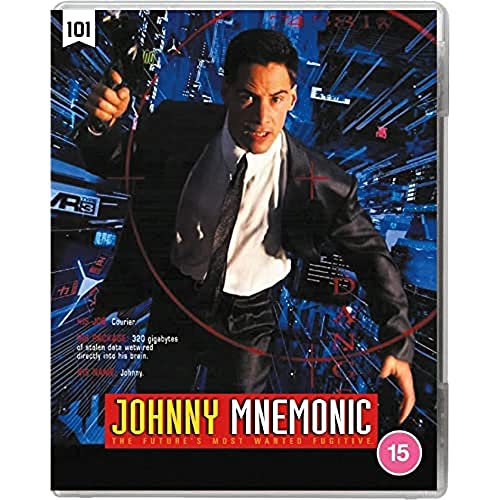 Blu-ray cover for "Johnny Mnemonic" featuring Keanu Reeves with a gun.