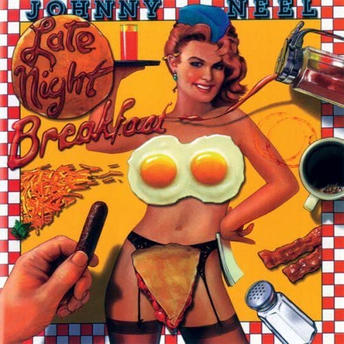 CD cover for "Johnny Neel - Late Night Breakfast" with pin-up illustration.