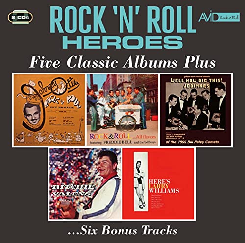 CD cover for “Rock N Roll Heroes” featuring album art from five artists.