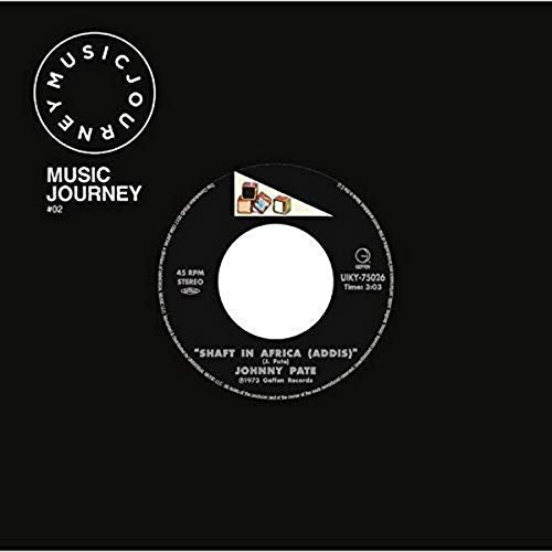 Black vinyl record label with text: “Shaft In Africa” by Johnny Pate.