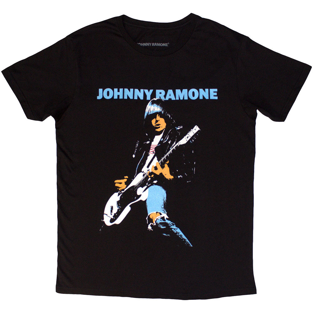 Black t-shirt with distressed denim graphic featuring punk musician Johnny Ramone.