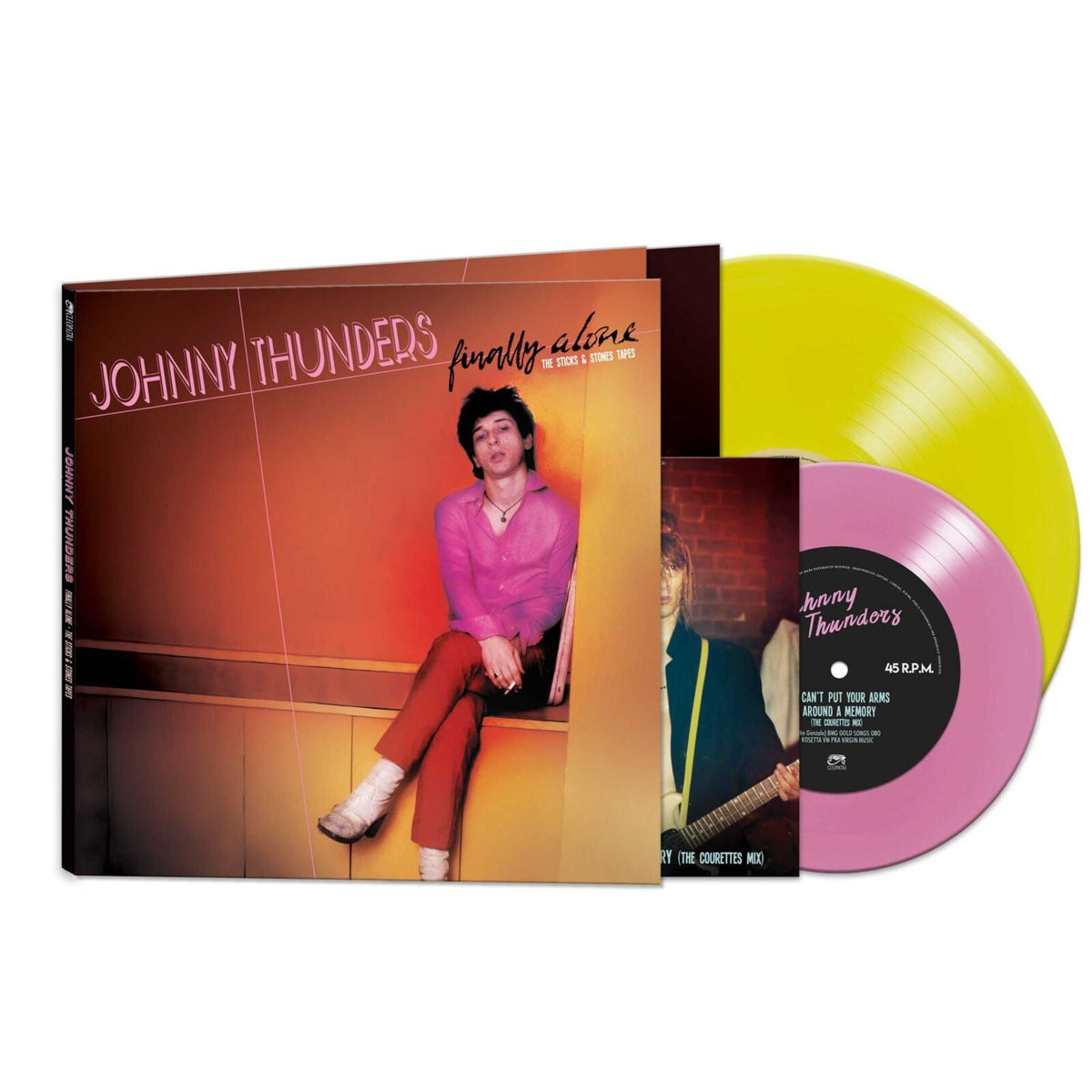 Johnny Thunders album cover and yellow vinyl record displayed together.