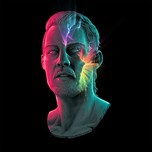 Bust of a man with fractured, colorful light effects on half his face.
