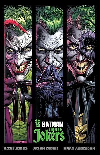 Three panels showing close-ups of the Joker with green hair and different facial expressions.