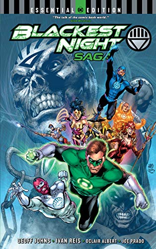 “Blackest Night Saga” DC comic cover featuring heroes and a skeletal face.