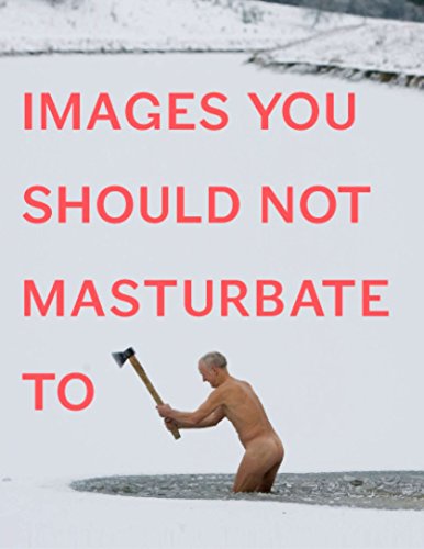 A naked elderly man holding an axe stands in a frozen pond in snow.