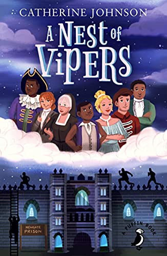 Book cover: illustrated group portrait with castle and prison below.