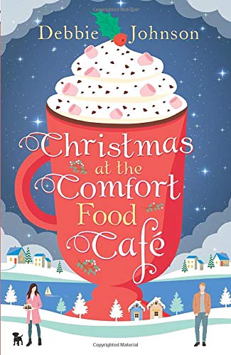 Book cover: red mug of hot chocolate, snowy landscape, and people.