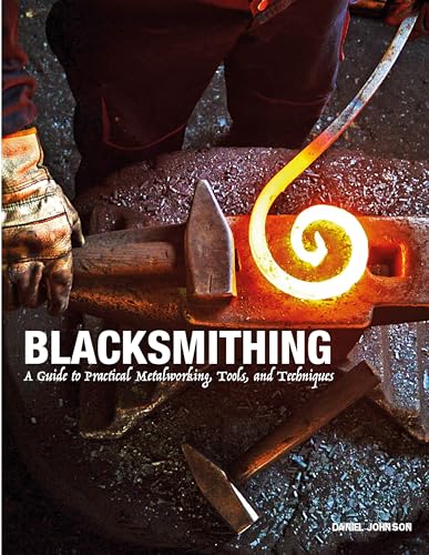 Book cover: “Blacksmithing” with a blacksmith working glowing metal.