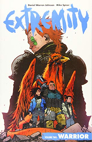 Comic book cover: characters with a bird, futuristic armor, and debris.