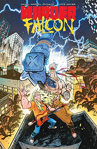 Comic book cover featuring a man riding a falcon with lightning.