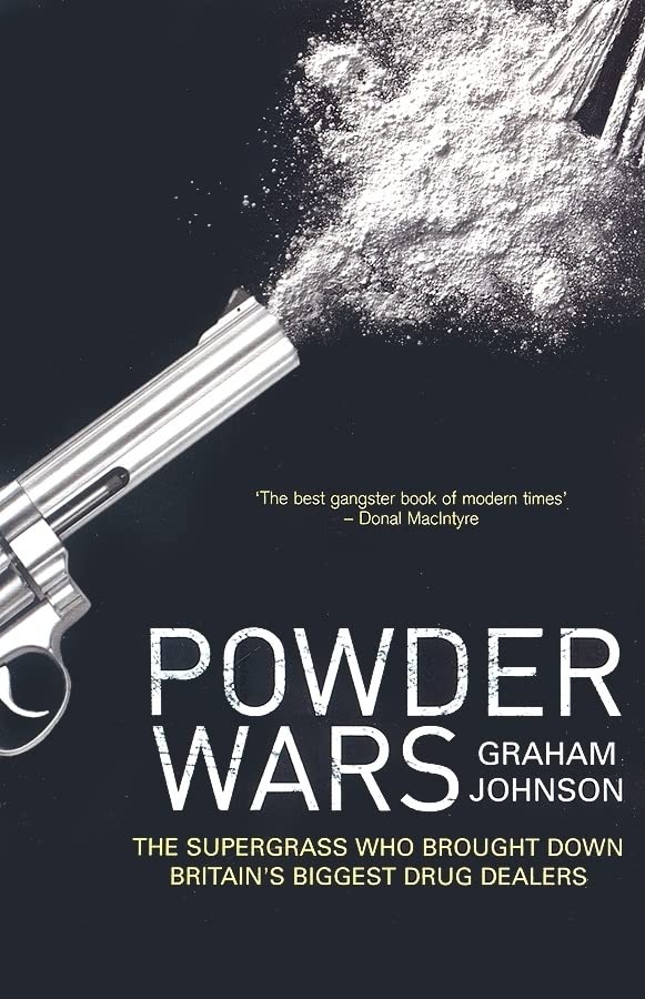 Book cover with a gun, white powder, and bold text: "Powder Wars.