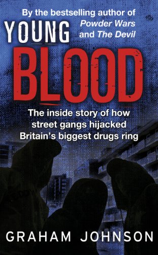 Book cover: “Young Blood” with hooded figures and a blue, textured background.