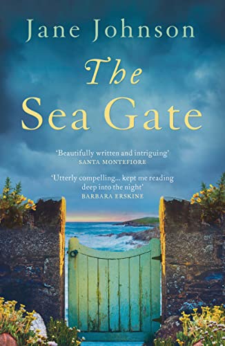 Book cover: "The Sea Gate" with a weathered green gate facing the ocean.