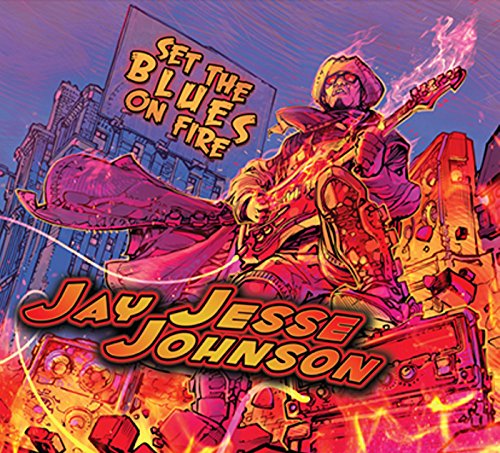 Comic-style illustration of a guitarist performing with flames, titled Set The Blues On Fire.