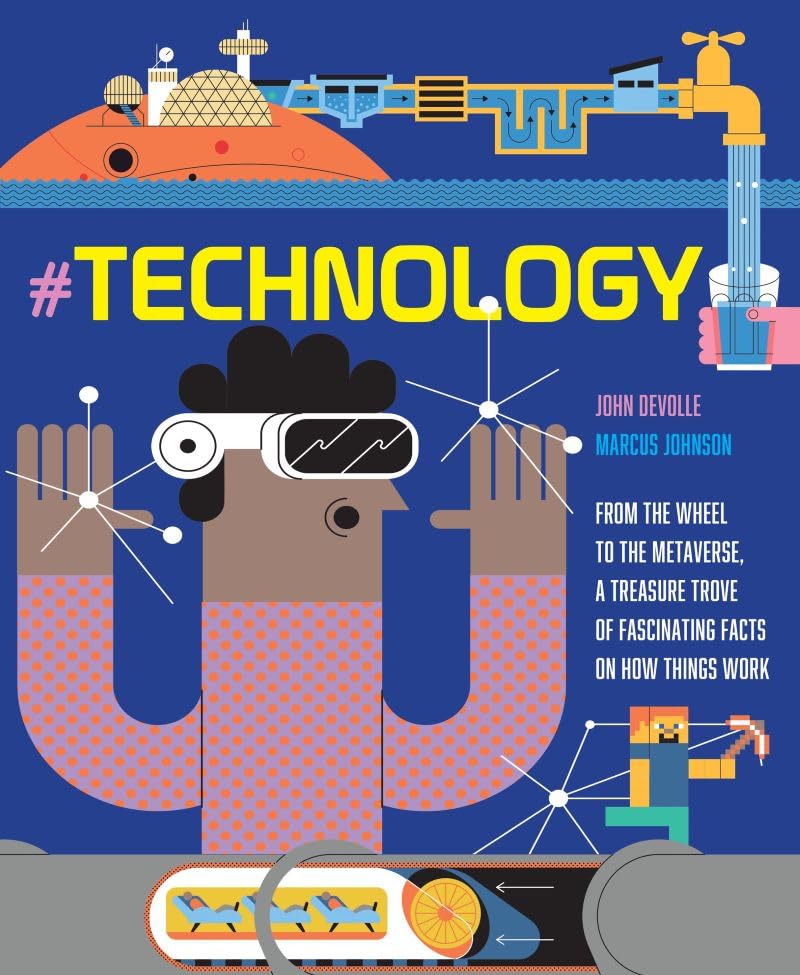 Book cover: colorful illustrations of technology, from gears to a robot head.