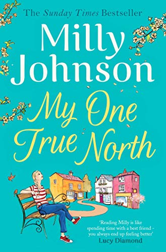 Book cover with title “My One True North” and illustration of a woman on a bench.