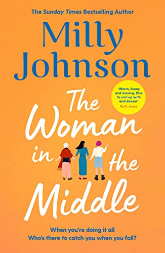 Book cover: orange background, three figures, and title “The Woman in the Middle.”
