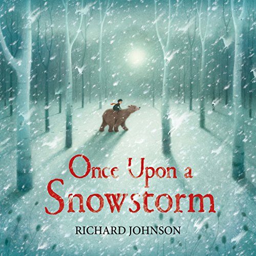 A child rides a bear through a snowy forest under a bright moon.