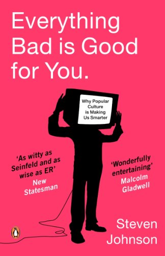 Book cover: silhouette holding a TV with text, pink background.