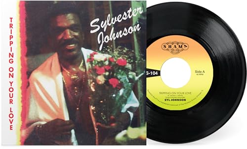 Sylvester Johnson CD cover and record with yellow label, close-up portrait.