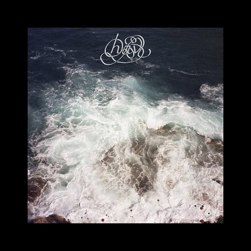 Ocean waves crashing against a rocky shore with white cursive text at the top.