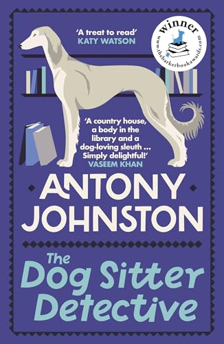 Book cover featuring a greyhound standing in front of bookshelves.