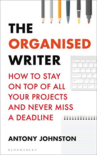 Book cover: "The Organised Writer" with writing tools and a keyboard.