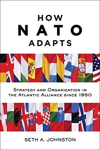 Book cover for “How NATO Adapts” featuring a row of national flags.
