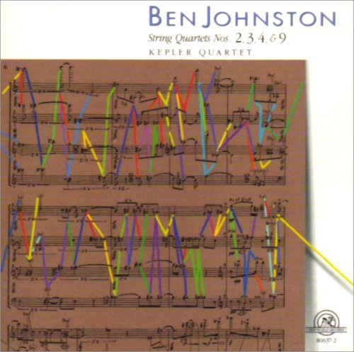 CD cover for Ben Johnston string quartets featuring colorful musical notation.