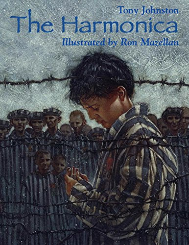 Book cover: boy with harmonica in front of prisoners and barbed wire.
