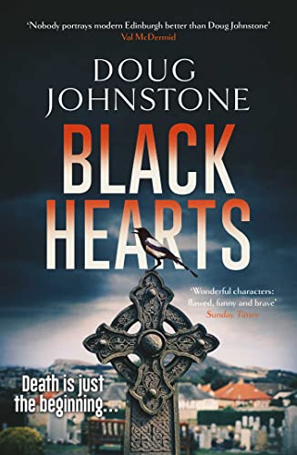 Book cover: "Black Hearts" with a Celtic cross and a magpie.